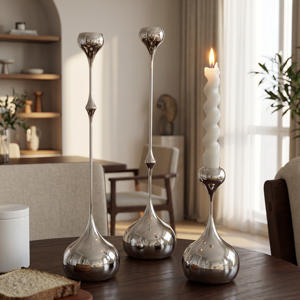 Elegant Silver Teardrop Candle Holder Set