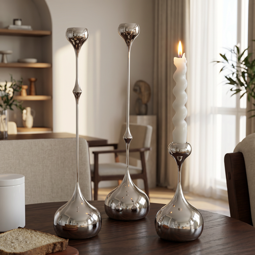 Elegant Silver Teardrop Candle Holder Set
